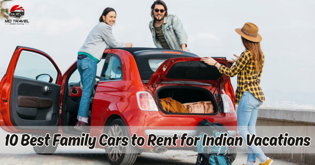 A happy Indian family standing near a white SUV with luggage, ready for a road trip, symbolizing best cars for family trips and vacation car rentals in India.