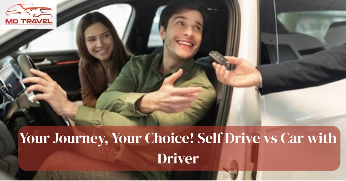 Self Drive vs Car with Driver comparison showing a solo traveler navigating through Lucknow in a self-drive rental car.