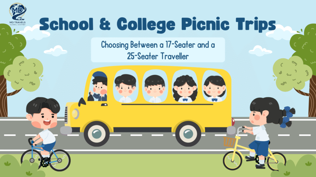 School and college picnic trips in Lucknow with students traveling in a yellow bus, highlighting the choice between a 17-seater and 25-seater tempo traveller by MD Travel Global.