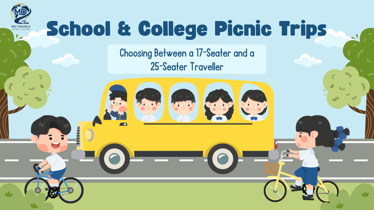 School and college picnic trips in Lucknow with students traveling in a yellow bus, highlighting the choice between a 17-seater and 25-seater tempo traveller by MD Travel Global.