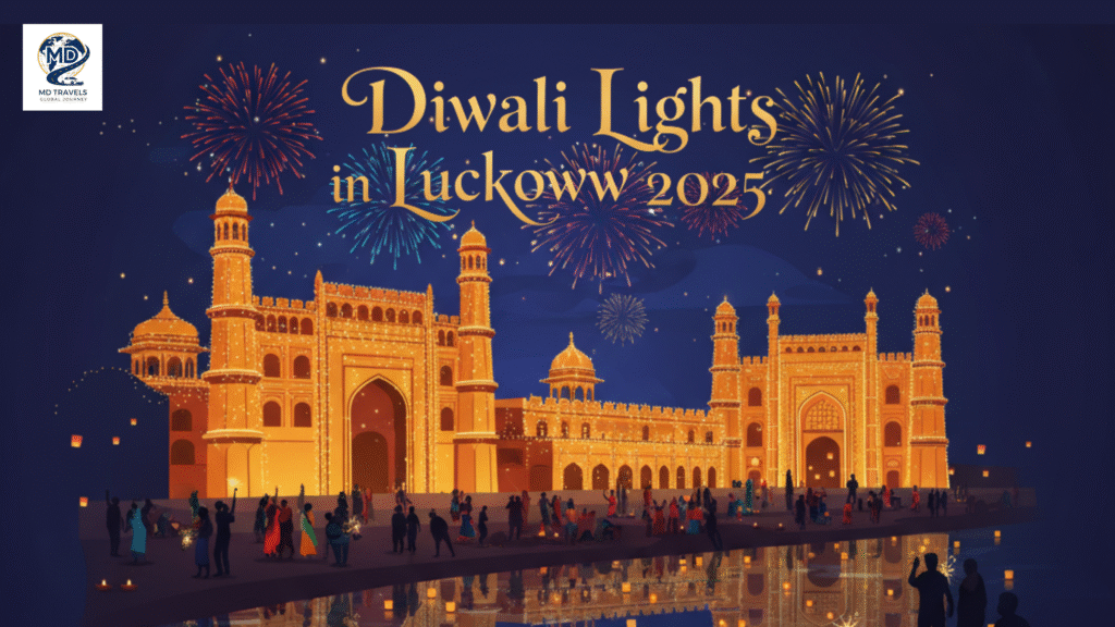 MD Travel Global Diwali night tour in Lucknow 2025 – family in Innova Crysta exploring illuminated landmarks like Rumi Darwaza and Ambedkar Park under festive lights.