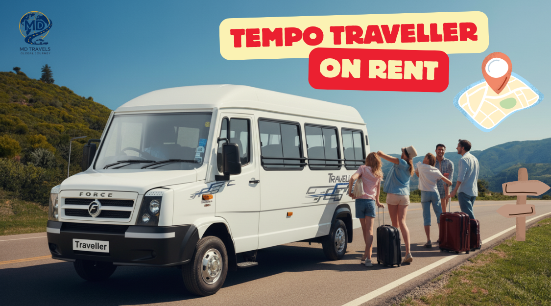 Tempo traveller on rent for family and group trips – affordable vehicle rental option with 9 seater and 12 seater tempo traveller for picnic, wedding, and travel bookings.
