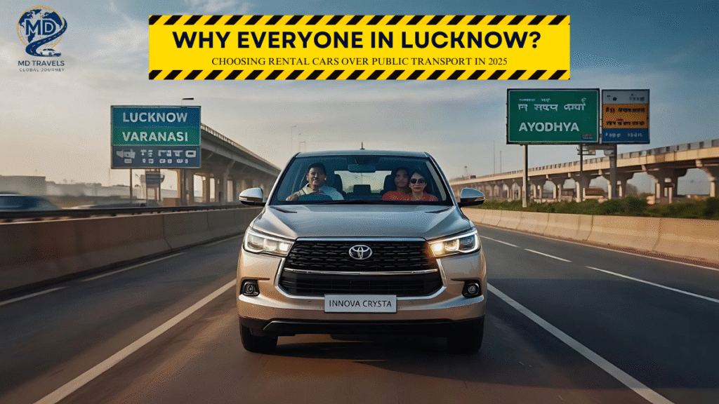 Family traveling in Innova Crysta rental car on Lucknow highway – MD Travel Global 2025.