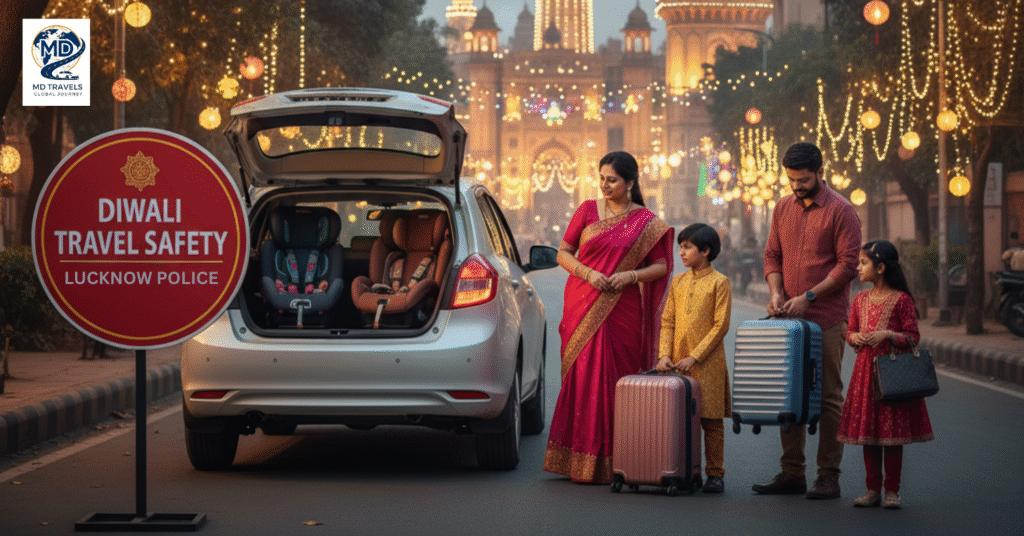 A family enjoying a safe Diwali ride in Lucknow with MD Travels taxi — showcasing verified drivers, sanitized vehicles, and stress-free festive travel.