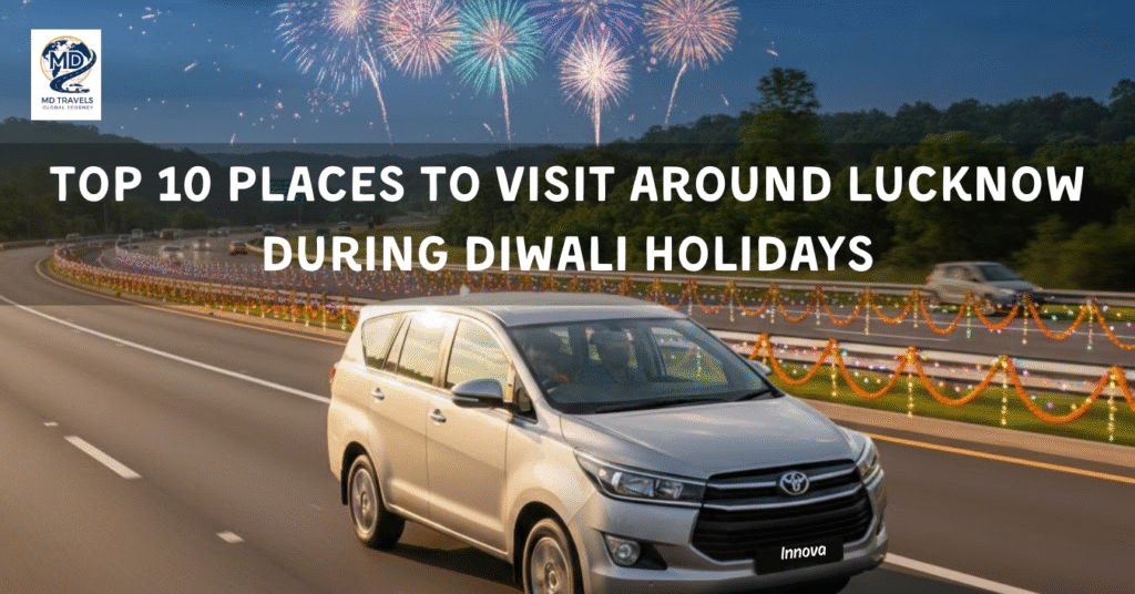 Family enjoying a Diwali road trip from Lucknow — car decorated with lights passing near Ayodhya Ram Mandir during sunset, symbolizing festive travel and nearby getaways.