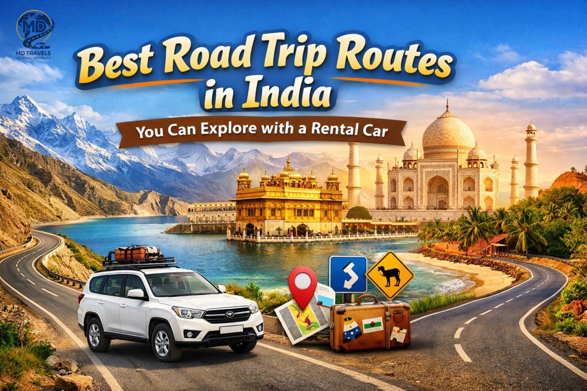 Promotional travel banner titled “Best Road Trip Routes in India You Can Explore with a Rental Car,” featuring a scenic collage of India with snow-capped mountains, a coastal highway, the Taj Mahal, a palace over water, tropical beach scenery, and a white SUV with luggage on the roof parked on a winding road, alongside travel icons like a suitcase, map, and road signs.