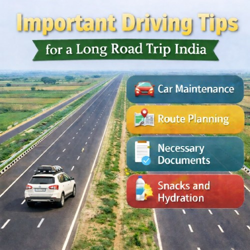 A white SUV drives along a highway, with tips for car maintenance, route planning, documents, and snacks displayed on the side. The text "Important Driving Tips for a Long Road Trip India" is at the top.