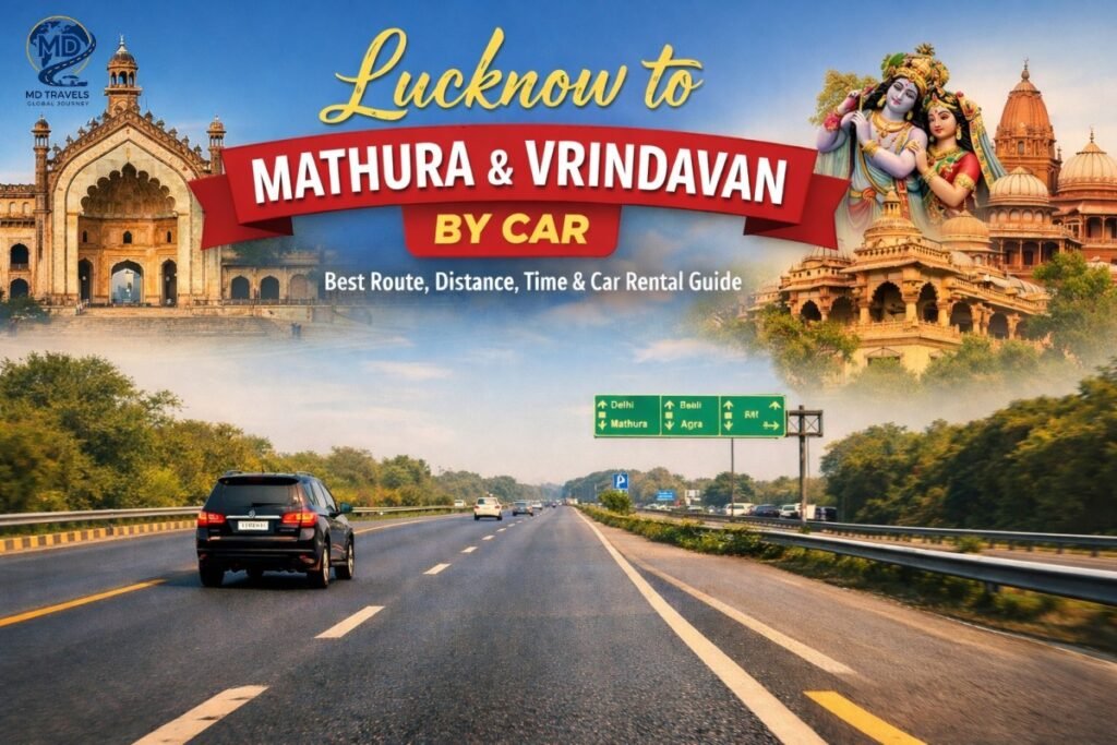 A travel banner promoting a road trip from Lucknow to Mathura & Vrindavan by car, featuring iconic landmarks, highway signs, and details on the best route, distance, time, and car rental options.