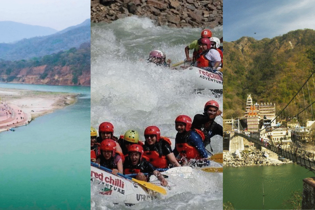Scenic road trip to Rishikesh featuring Ganga river views, suspension bridge, and Himalayan landscapes, perfect for weekend getaways from major cities in India.