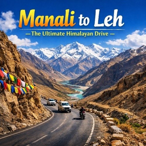 Promotional travel image titled “Manali to Leh – The Ultimate Himalayan Drive” showing a winding mountain road in the Himalayas with cars and a motorbike driving through rugged brown cliffs. Colorful prayer flags hang on the left, a turquoise river flows through the valley below, and snow-capped peaks rise dramatically in the background under a clear blue sky.