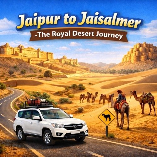 Square promotional travel graphic titled “Jaipur to Jaisalmer – The Royal Desert Journey,” featuring a white SUV with rooftop luggage driving along a winding desert road. In the background, Amer Fort and Jaisalmer Fort rise above golden sand dunes, while a camel caravan with a rider in traditional Rajasthani attire travels across the desert. A camel crossing road sign appears in the foreground under a bright blue sky.