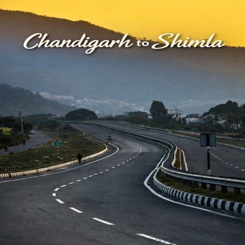 The image shows a winding highway leading through hilly terrain, with a pedestrian walking along the roadside. The sky is bathed in a golden hue, indicating the golden hour, while the mountains rise in the background. The text "Chandigarh to Shimla" is displayed in elegant cursive at the top of the image, adding a scenic, travel-themed touch to the view.