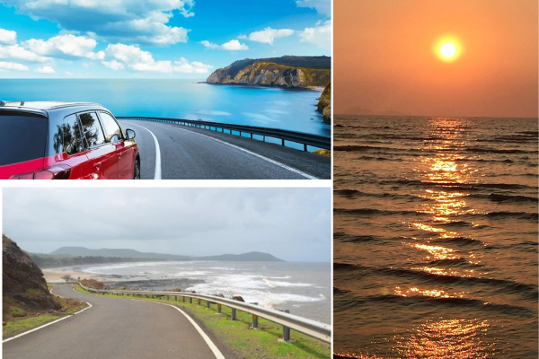 Coastal road leading to Alibaug beach with sea breeze views, a popular weekend trip from Mumbai perfect for relaxing road journeys.