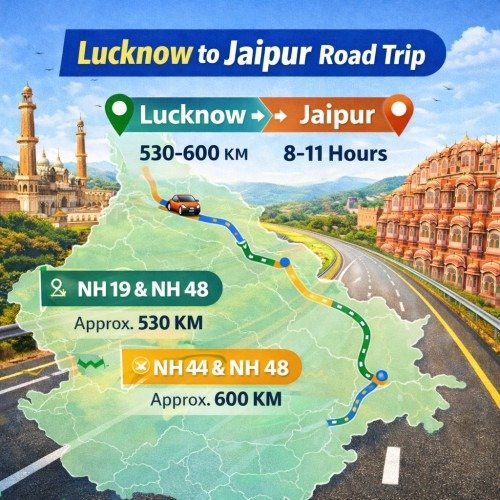 Road trip route map from Lucknow to Jaipur, showing two possible routes: NH 19 & NH 48 (approximately 530 km, 8 hours) and NH 44 & NH 48 (approximately 600 km, 11 hours). The image features iconic landmarks from both cities, including a mosque from Lucknow and a palace from Jaipur, with a clear, vibrant background depicting the scenic road."
