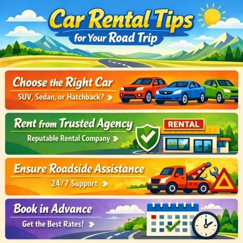 Infographic titled 'Car Rental Tips for Your Road Trip' featuring four key tips: choosing the right car (SUV, sedan, or hatchback), renting from a trusted agency, ensuring roadside assistance, and booking in advance. The design includes vibrant illustrations of cars, a rental agency, a tow truck, and a calendar, set against a bright landscape with rolling hills and a sunny sky