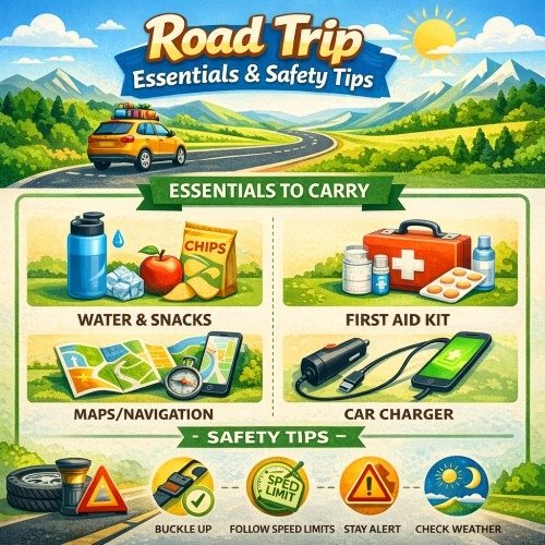 Infographic titled 'Road Trip Essentials & Safety Tips' with two main sections: 'Essentials to Carry' and 'Safety Tips.' Essentials include water, snacks, a first aid kit, maps/navigation, and a car charger, depicted with relevant icons. Safety tips include buckle up, follow speed limits, stay alert, and check the weather, with corresponding safety symbols. The background features scenic mountains and a sunny sky, with a car traveling down a winding road.