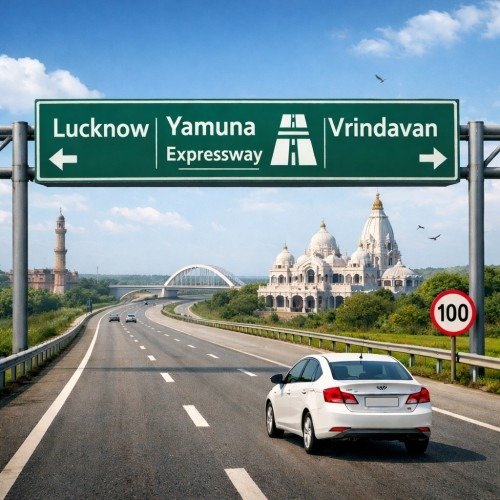 Alt text: A highway scene on the Yamuna Expressway with a white sedan, road sign, and views of a minaret and ISKCON temple.