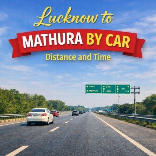 A travel banner showing a highway with road signs for Lucknow to Mathura, featuring bold text about distance and time.