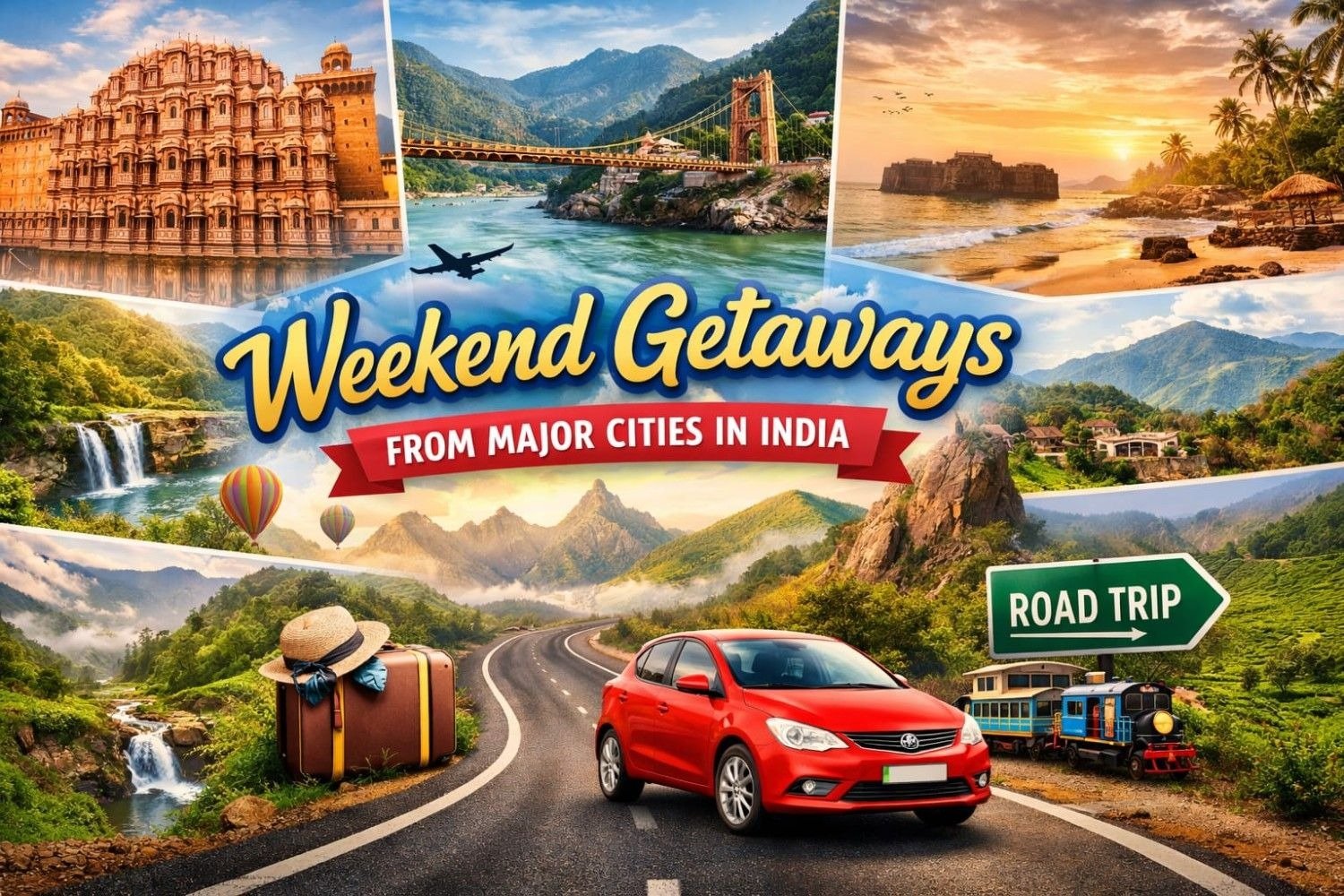Scenic weekend road trip showcasing top weekend getaway destinations you can drive to from major cities in India with comfortable car travel and beautiful landscapes.