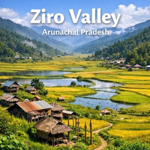 Scenic view of Ziro Valley, Arunachal Pradesh, featuring golden terraced rice fields, traditional Apatani houses, winding water channels, and misty green mountains under a bright blue sky with the text “Ziro Valley – Arunachal Pradesh” displayed prominently.