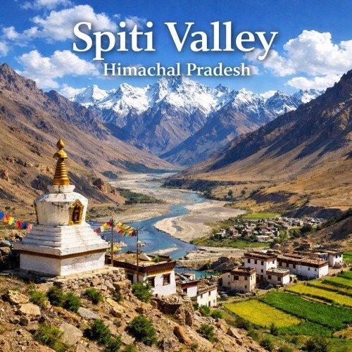 Scenic view of Spiti Valley in Himachal Pradesh featuring a white Buddhist stupa with colorful prayer flags in the foreground, a winding river through the valley, traditional hillside houses, green fields, and snow-capped Himalayan mountains under a blue sky, with the text “Spiti Valley – Himachal Pradesh” displayed at the top.