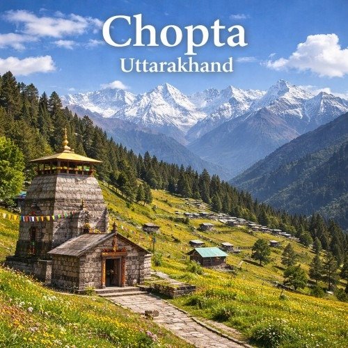 Scenic view of Chopta, Uttarakhand, featuring a small stone temple with colorful prayer flags in a lush green meadow, surrounded by pine forests and traditional hillside huts, with snow-capped Himalayan peaks in the background and the text “Chopta – Uttarakhand” displayed at the top.