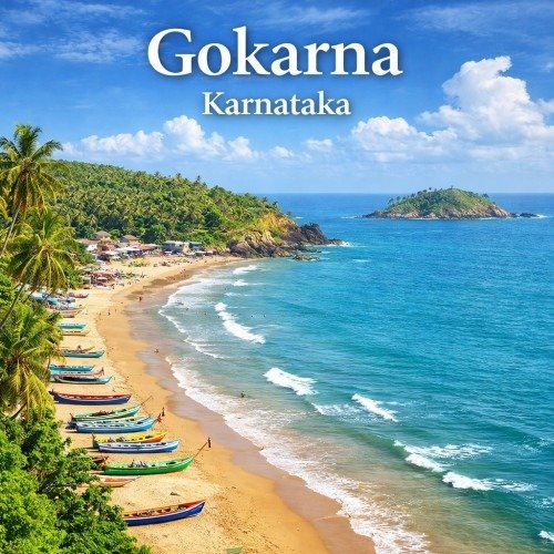 A scenic coastal view of Gokarna, Karnataka, showing a golden sandy beach lined with colorful fishing boats and palm trees, turquoise waves rolling onto the shore, lush green hills in the background, and the text “Gokarna – Karnataka” displayed at the top against a bright blue sky.